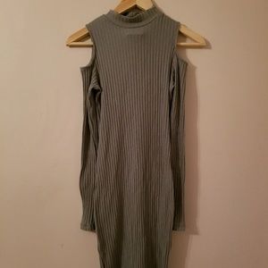 Open shoulder light blue sweater dress.